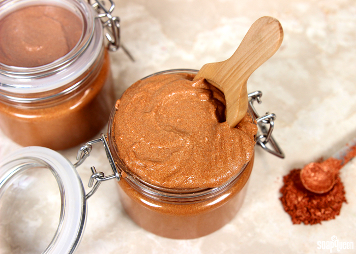 This Caramelized Copper Sugar Scrub is made with avocado butter and lots of sparkle for a hydrating and luxurious feel.