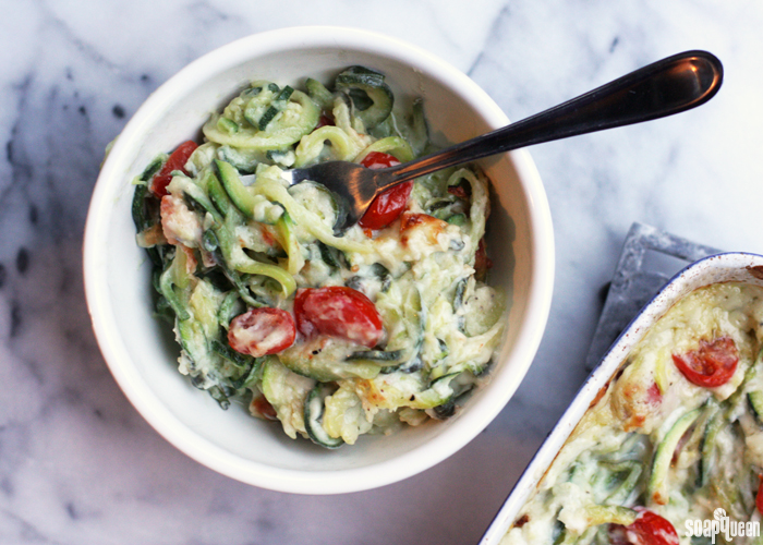 This Zucchini Noodle Bake uses zucchini noodles instead of pasta, and a creamy white sauce made from cauliflower. It's a delicious way to eat your veggies!