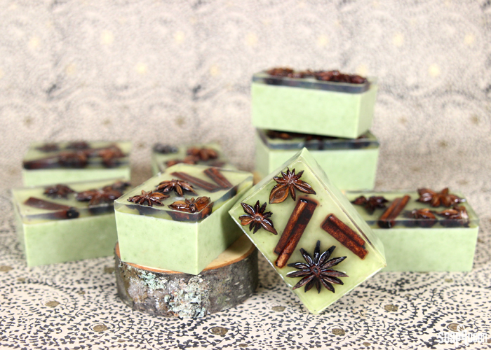 These Star Anise Soap Bars are colored with clay and scented with a blend of orange and anise essential oils. Star anise and cinnamon embeds on top give these bars a rustic look. 