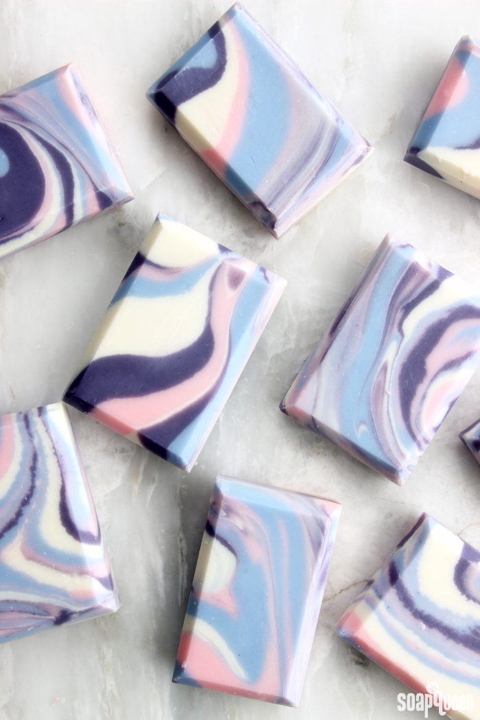 This spin swirl soap was inspired by the 2016 Pantone Colors of the Year, rose quartz and serenity. 