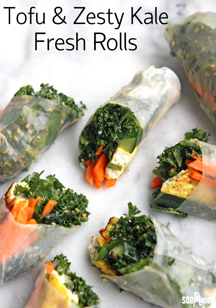 These fresh rolls are made with tofu and fresh kale, which is dressed in a tangy homemade dressing.