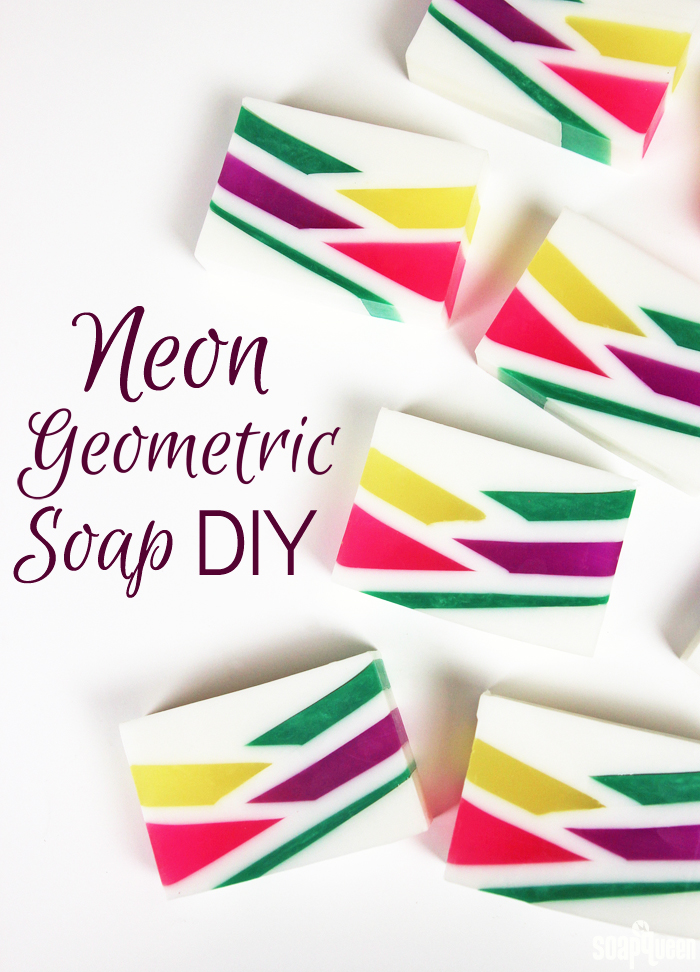 This Neon Geometric Melt and Pour Soap uses bright colors and layers to create a fun retro inspired design. Learn how to make it in this step by step tutorial!