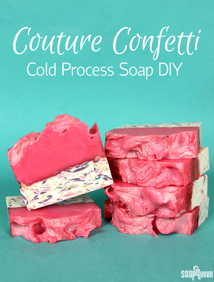 This cold process soap features a hot pink color palette, lots of glitter and a confetti layer to create an eye catching bar. 