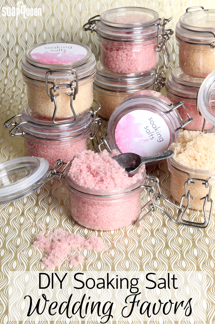 Create your own customized bath salts for wedding favors. They are quick and easy to make, and can also be used as a scrub. Post includes a free printable!