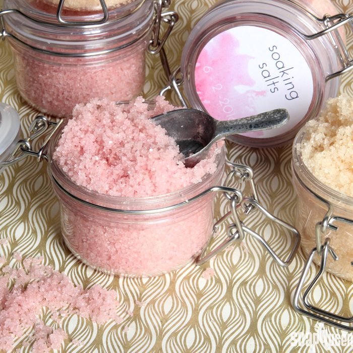 Create your own customized bath salts for wedding favors. They are quick and easy to make, and can also be used as a scrub. Post includes a free printable!