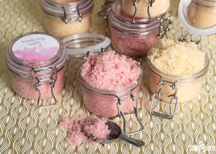 Create your own customized bath salts for wedding favors. They are quick and easy to make, and can also be used as a scrub. Post includes a free printable!