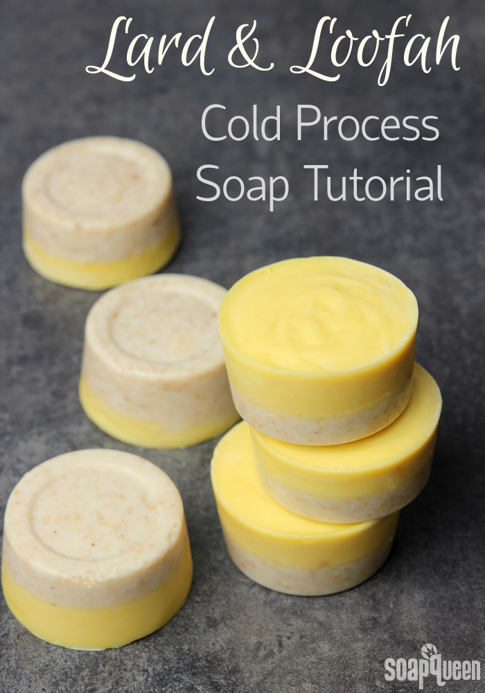 This Lard and Loofah Soap Recipe contains lard to give the soap a creamy lather. The light yellow color comes from natural carrot puree. 