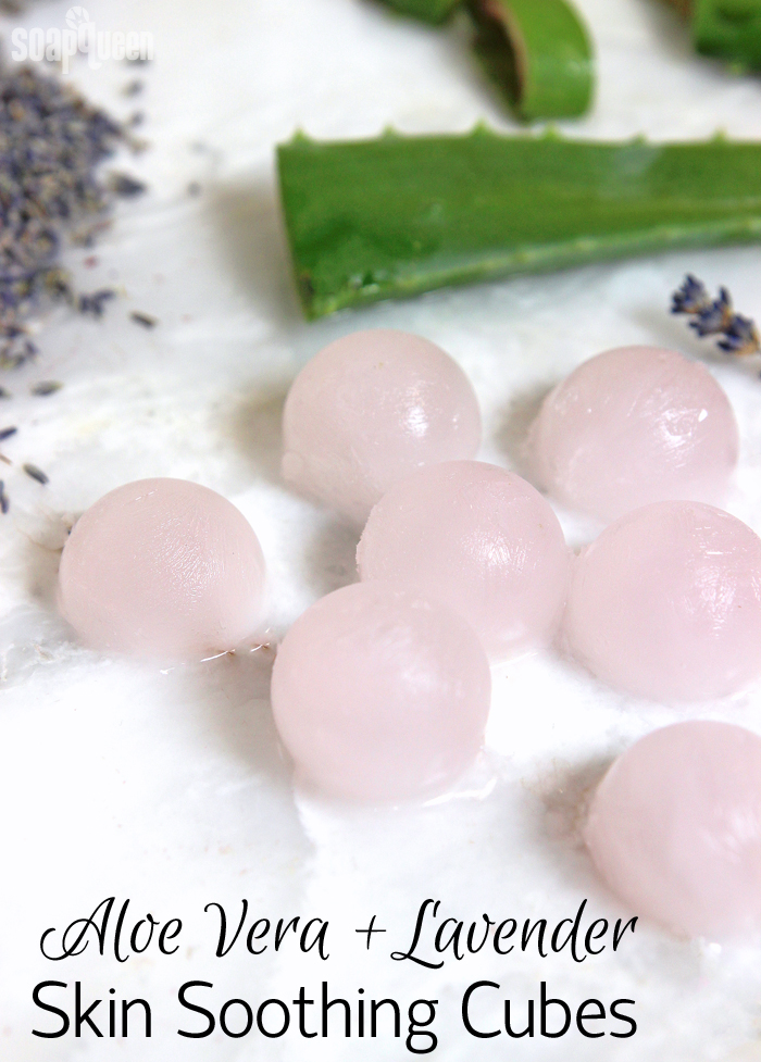 Aloe Vera + Lavender Skin Soothing Cubes. Made with aloe vera liquid and lavender essential oil, these cubes help soothe irritated or burned skin.